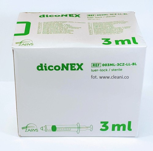 Zarys dicoNEX strzykawki 3ml 3-czesciowe luer-lock precyzyjna strzykawka jednorazowego użytku jałowa 100szt odbiór osobisty Poznań sprzedaż detaliczna i hurtowa CLEANICO zielony tłoczek.jpg