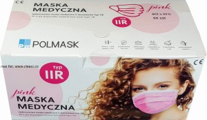 Maseczki medyczne RÓŻOWE 3W a'50 POLMASK pp 3ply face mask blue TYP-IIR gumki za uszy