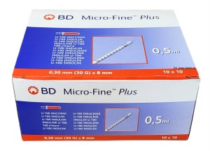 Strzykawka do insuliny 0,5 ml U-100 z igłą 0,3mm x 8mm (30G) BD Micro-Fine Plus insulin 100szt (kartonik)