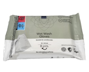 Abena Wet Wash Gloves nawilżone miękkie włókninowe chusteczki-Rękawice do mycia skóry wrażliwej 15x22cm 8szt