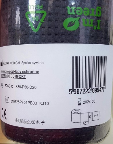 Mustaf Medprox comfort podkład podfoliowany na rolce 30cm x 40m perforacja co 50cm ilość zrywek odcinków 80 sprzedaż stacjonarna odbiór Poznań www.cleani.co real foto etykiety z ean 5907222899472 .png