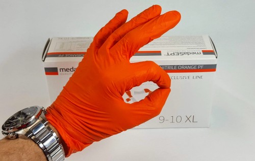 MedaSept exclusive line Pomarańczowe rękawiczki nitrylowe mocne XL 100szt dla mechaników odbiór sklep stacjonarny Poznań kat 3 EN 374 ean 5901738873513 EN 455 real foto na ręce.jpg
