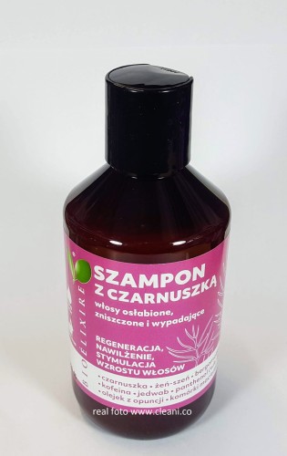 Bioelixire naturalnie CZARNUSZKA szampon z żeń szeń bergamotkąopuncją do włosów wypadających 300ml real zdjęcie etykiety odbiór Poznań błyskawiczna wysyłka www cleani co.jpg